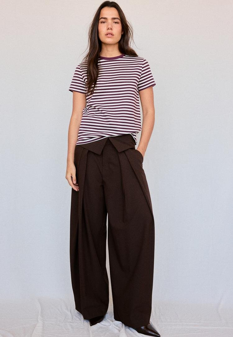 Stradivarius B02 Tricou Simplu Regular Cu Textură Fină Și Dungi Purpuriu Închis S