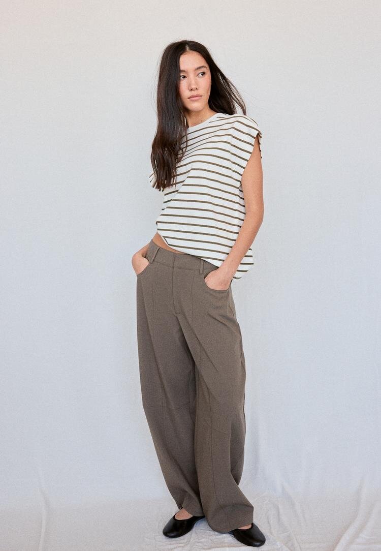 Stradivarius B06 Tricou Cu Umăr Căzut Și Dungi Kaki M