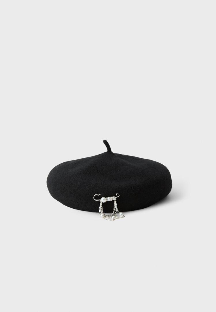 Stradivarius Beretă Cu Perle False Negru Os