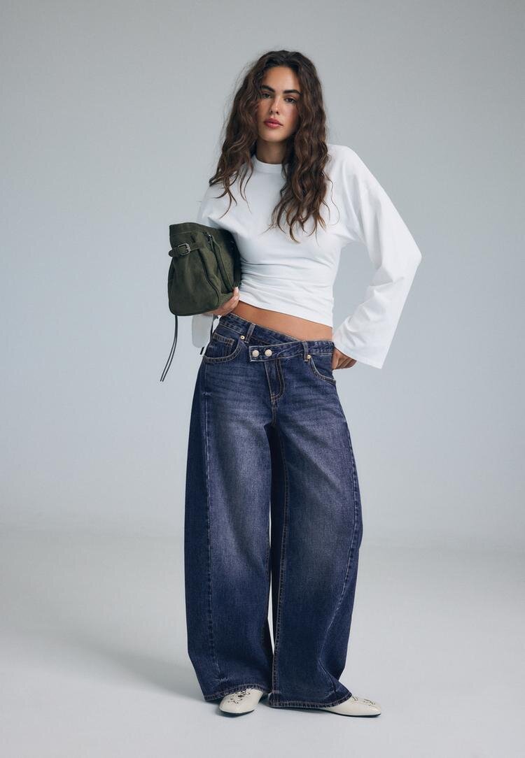 Stradivarius Blugi Baggy Cu Talie Încrucișată Albastru Overdye 44