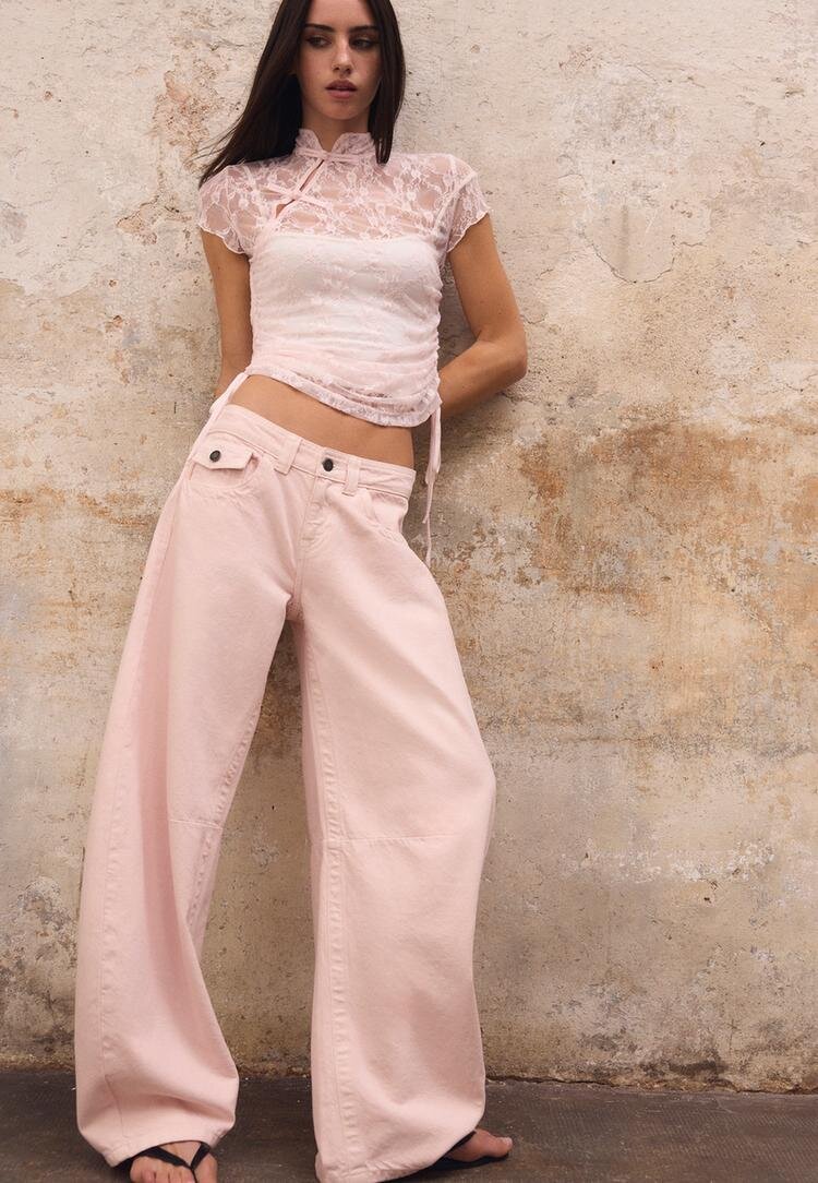 Stradivarius Blugi Barrel Cu Talie Joasă Roz Pastel 42