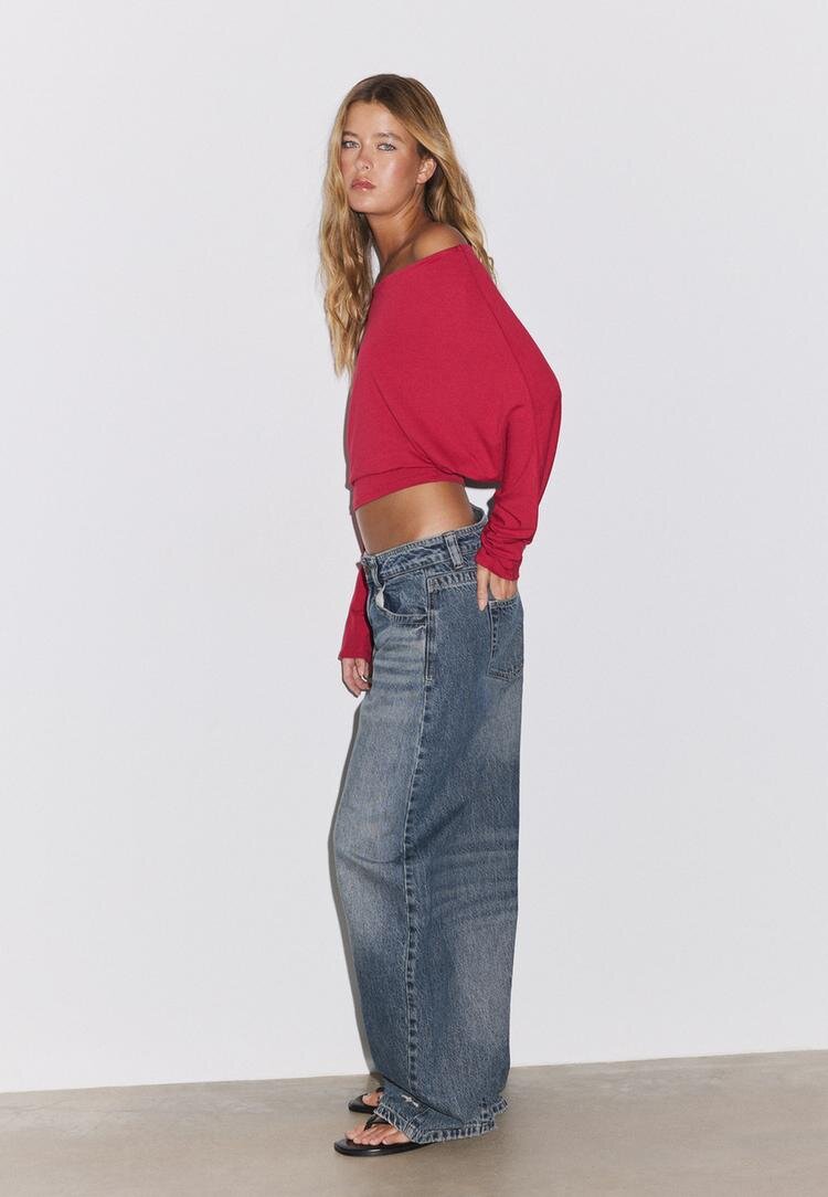 Stradivarius Blugi Barrel Talie Joasă Albastru Mediu 42