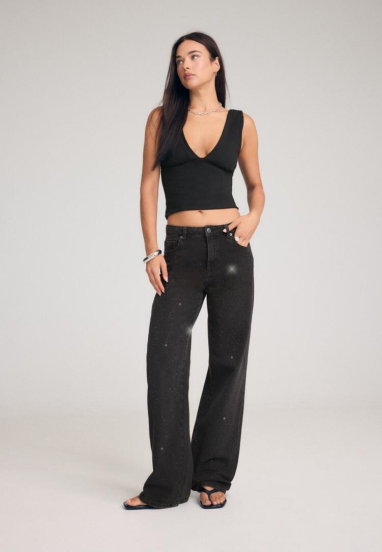 Stradivarius Blugi Straight Fit Cu Sclipici Gri Închis 44