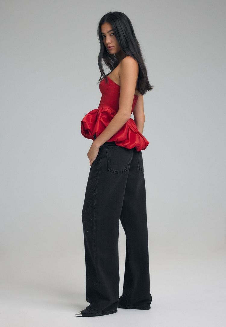 Stradivarius Blugi Straight Fit Cu Sclipici Gri Închis 44