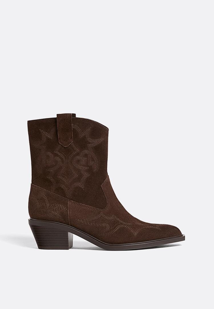 Stradivarius Botine Cowboy Din Piele Cu Toc Maro 37