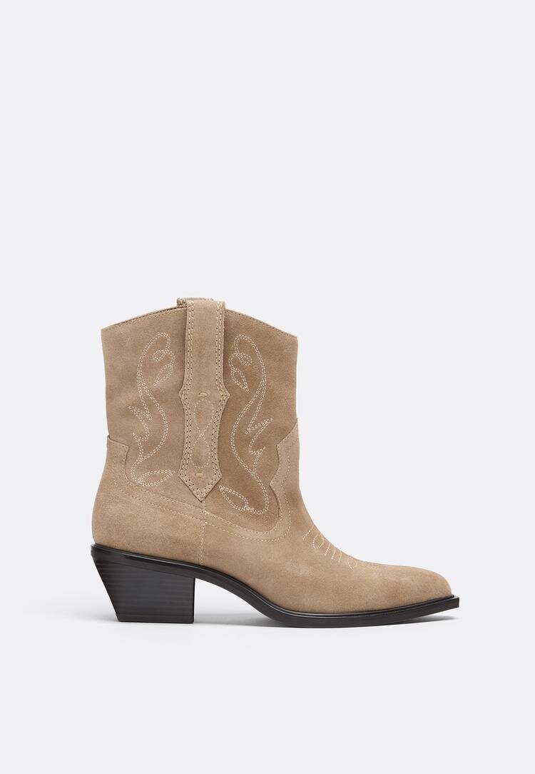 Stradivarius Botine Cu Toc Cowboy Din Piele Bej 41