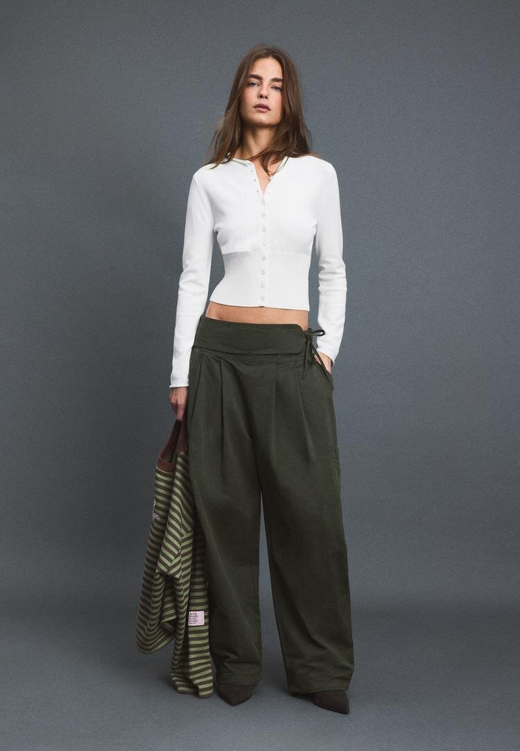 Stradivarius Cardigan Cambrat Cu Guler Cu Bandă Ecru L