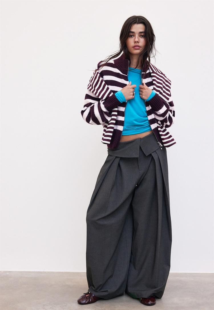 Stradivarius Cardigan Din Tricot Cu Fermoar Și Dungi Purpuriu Închis Xs