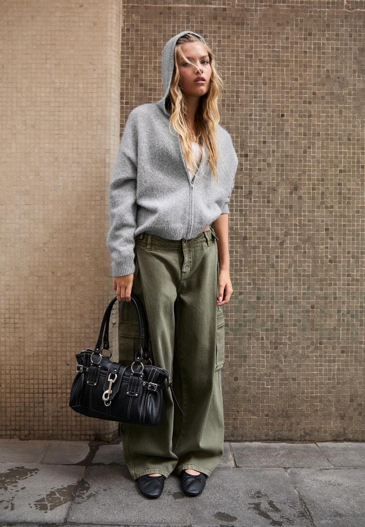 Stradivarius Cardigan Din Tricot Cu Fermoar Și Glugă Gri Melanj Xl