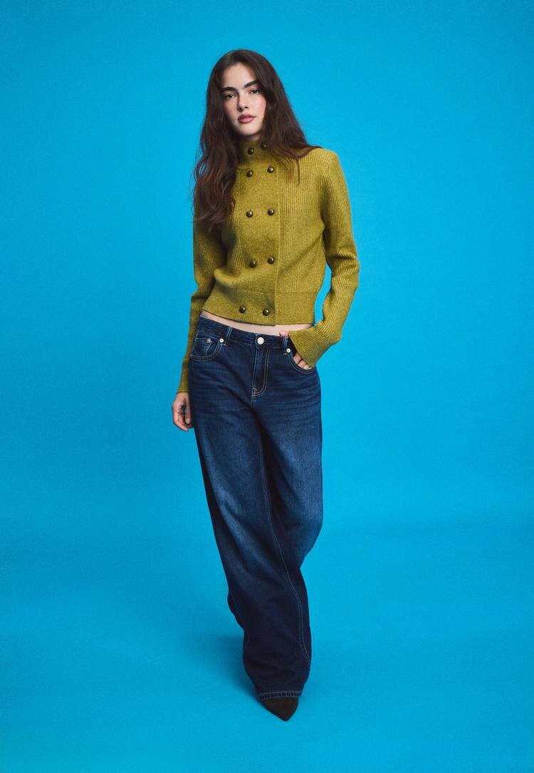 Stradivarius Cardigan Din Tricot Cu Guler Înalt Și Rând Dublu De Nasturi Verde Măsliniu Xs