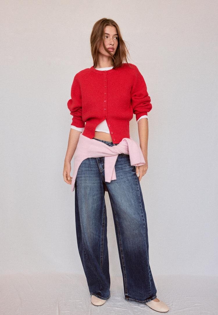 Stradivarius Cardigan Tricot Cu Mânecă Raglan Roșu S