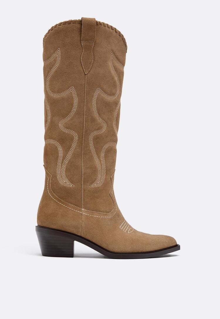 Stradivarius Cizme Cowboy Cu Toc Din Piele Bej 36