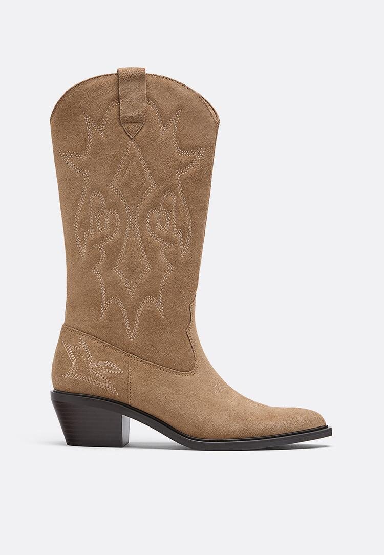 Stradivarius Cizme Cowboy Din Piele Cu Toc Bej 36