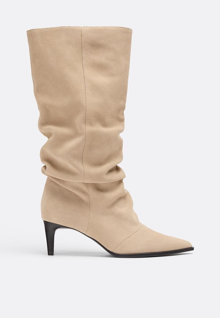 Stradivarius Cizme Cu Toc Slouchy Din Piele Bej 40