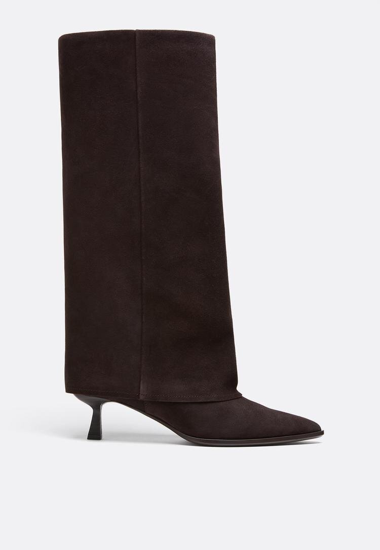 Stradivarius Cizme Din Piele Cu Toc Kitten Și Pantaloni Cu Picior Maro 36