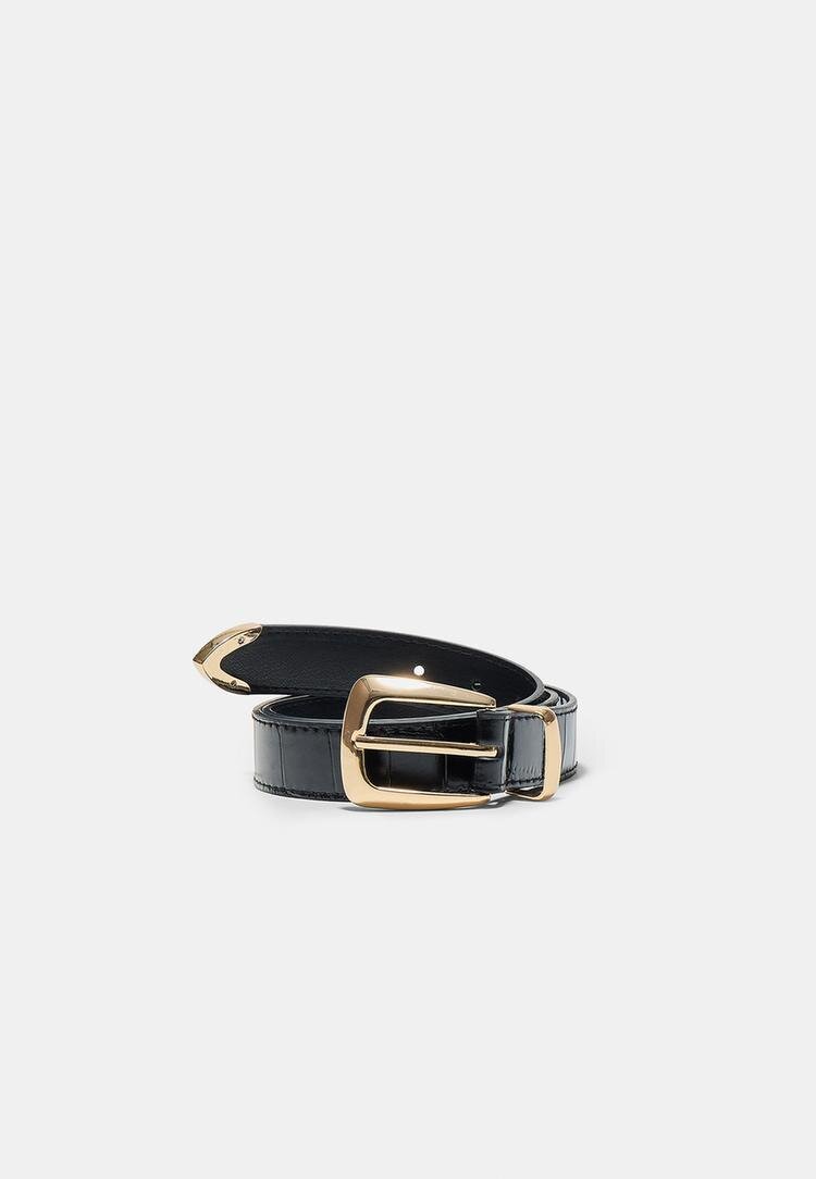 Stradivarius Curea Cu Aspect De Crocodil Negru 80