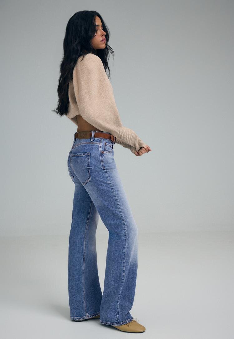 Stradivarius D68 Blugi Bootcut Fit Cu Cordon Albastru Mediu 40