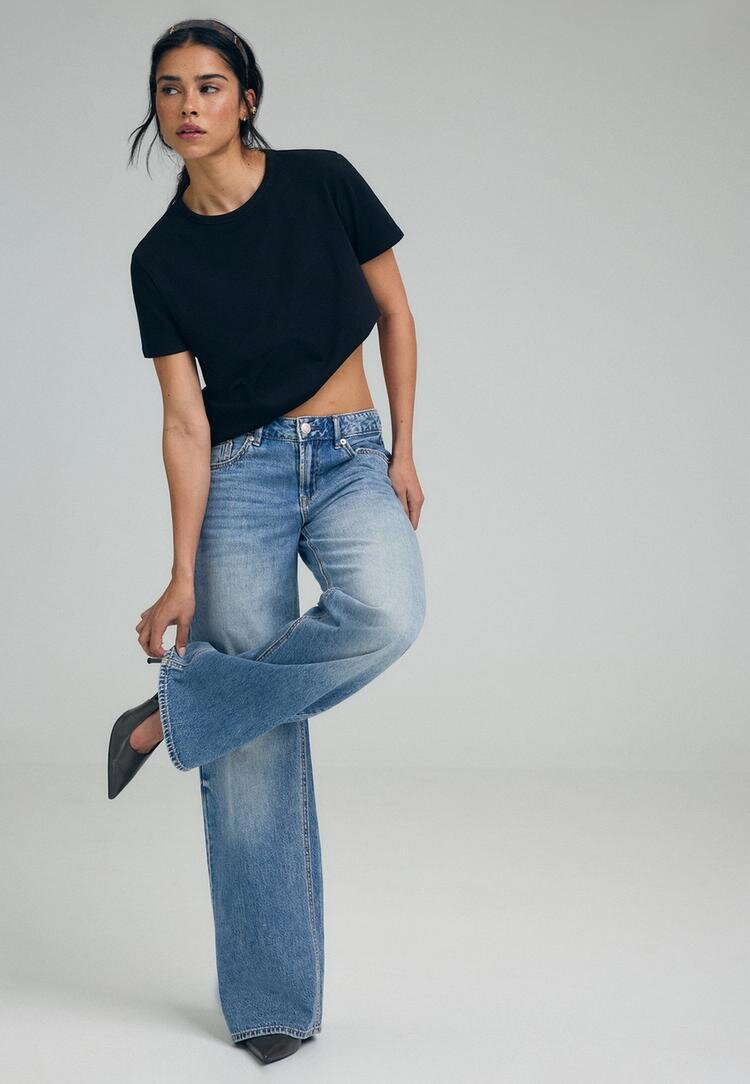 Stradivarius D91 Blugi Largi Cu Talie Joasă Albastru Overdye 40