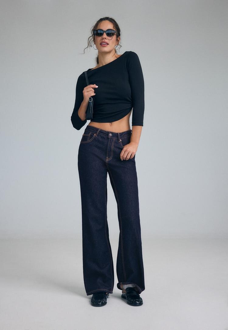 Stradivarius D92 Blugi Straight Wide Cu Rupturi Albastru Foarte Închis/Decolorat 44