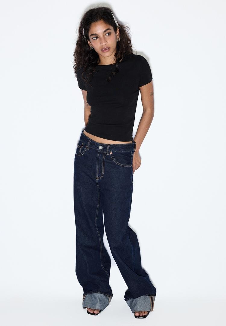 Stradivarius D92 Blugi Straight Wide Cu Rupturi Albastru Închis 36
