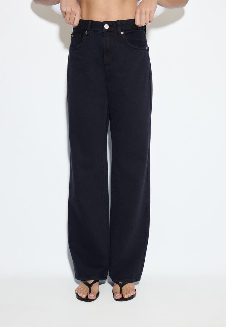 Stradivarius D92 Blugi Straight Wide Cu Rupturi Bleumarin Închis 36