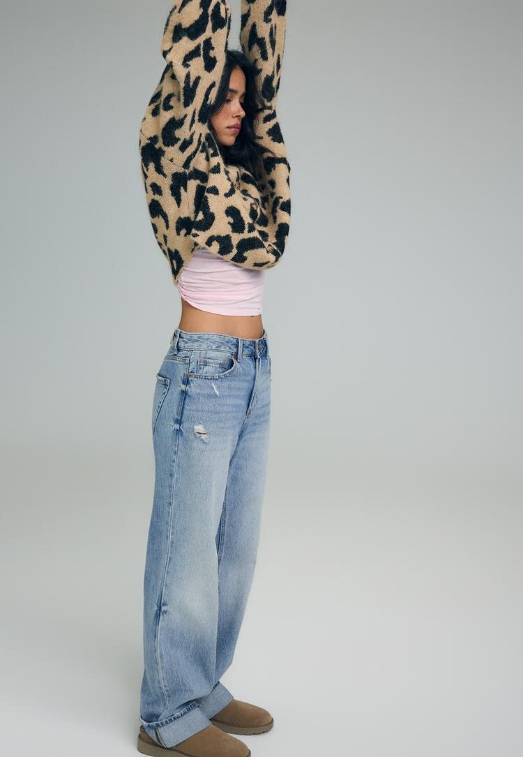 Stradivarius D92 Blugi Straight Wide Cu Rupturi Denim Albastru 34