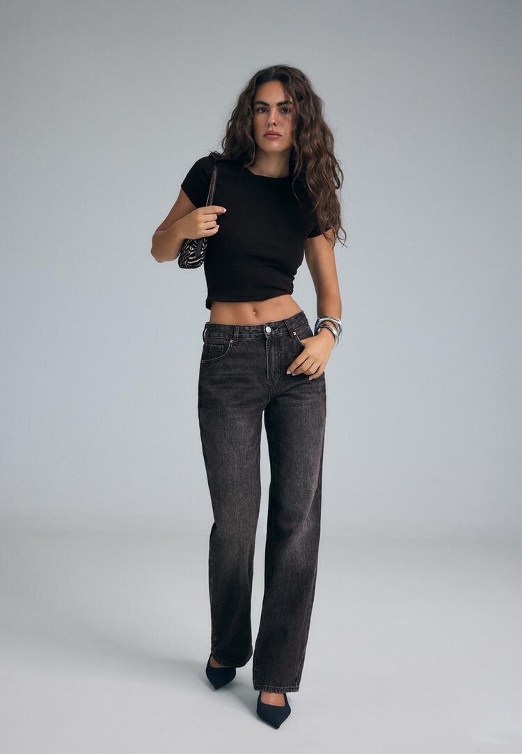 Stradivarius D92 Blugi Straight Wide Cu Rupturi Negru Spălat 34