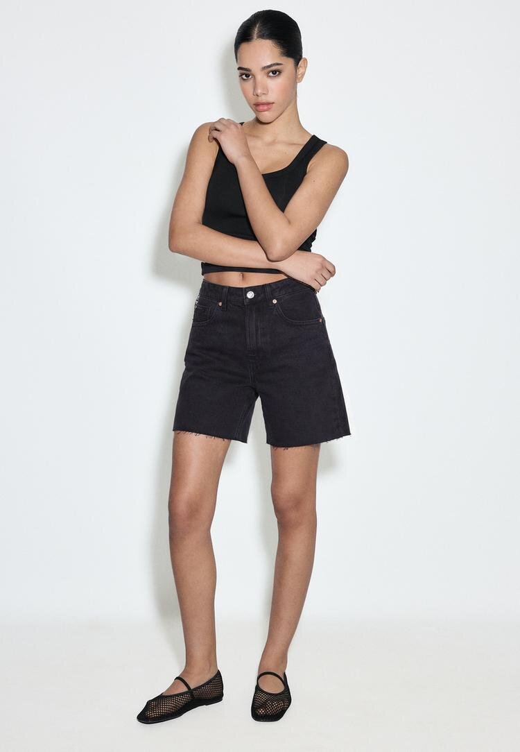 Stradivarius D93 Pantaloni Scurți Longline Negru Spălat 38