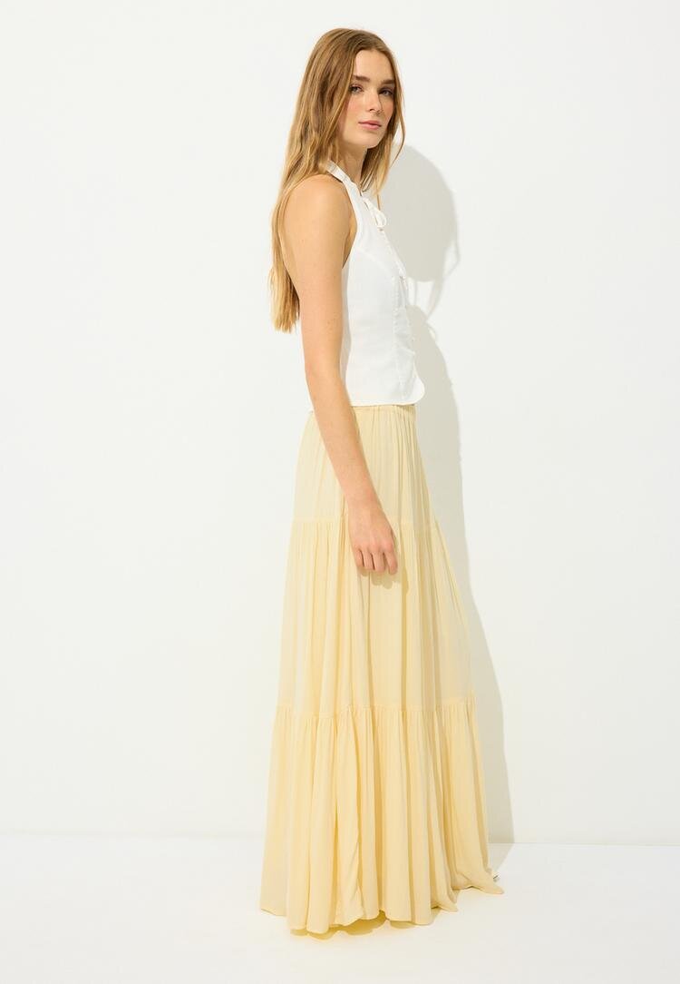 Stradivarius Fustă Midi Stil Țărănesc Galben Pastel Xl