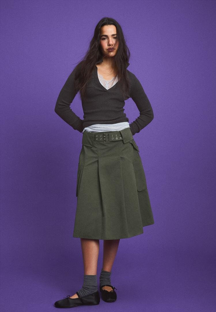 Stradivarius Fustă Midi Utility Cu Buzunare Kaki M