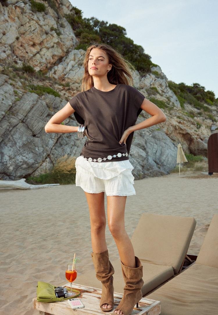 Stradivarius Fustă-Pantalon Din Bambula Cu Volane Ecru Xs