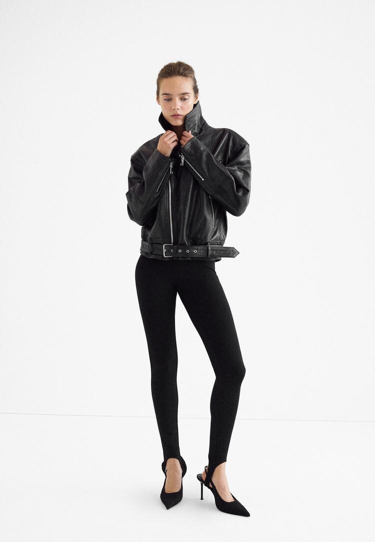 Stradivarius Geacă Biker 100% Piele Negru L