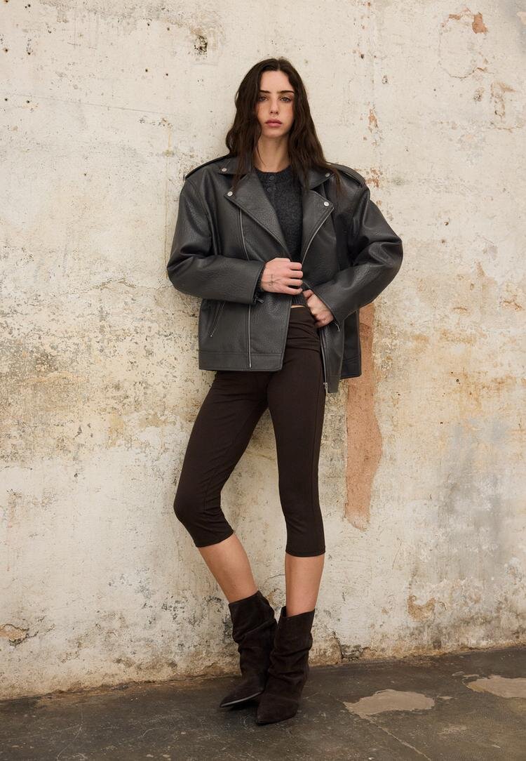 Stradivarius Geacă Biker Din Imitație De Piele Gri Închis Xl