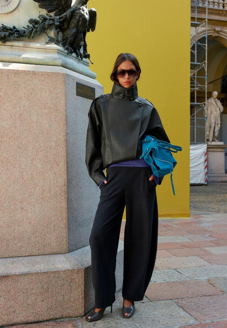 Stradivarius Geacă Biker Oversize Din Imitație De Piele Kaki Xl