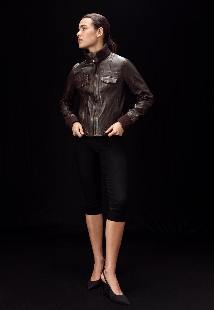Stradivarius Geacă De Piele Combinată Cu Rib Maro Xl