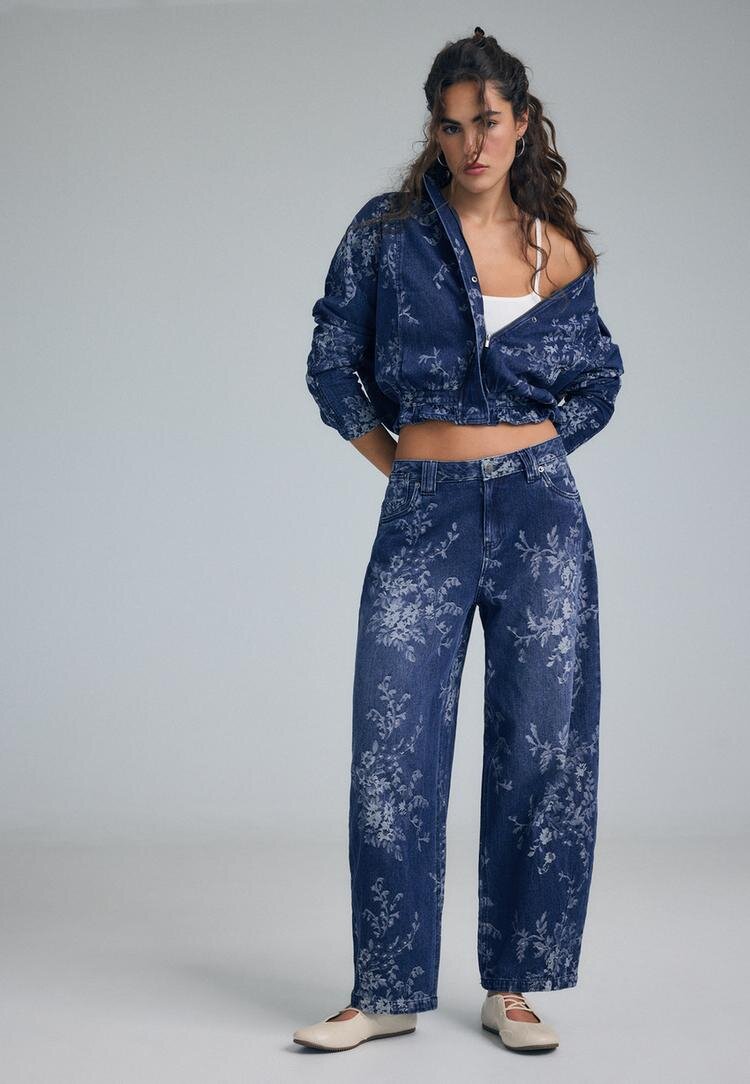 Stradivarius Geacă Din Jacquard Cu Flori Albastru Mediu L