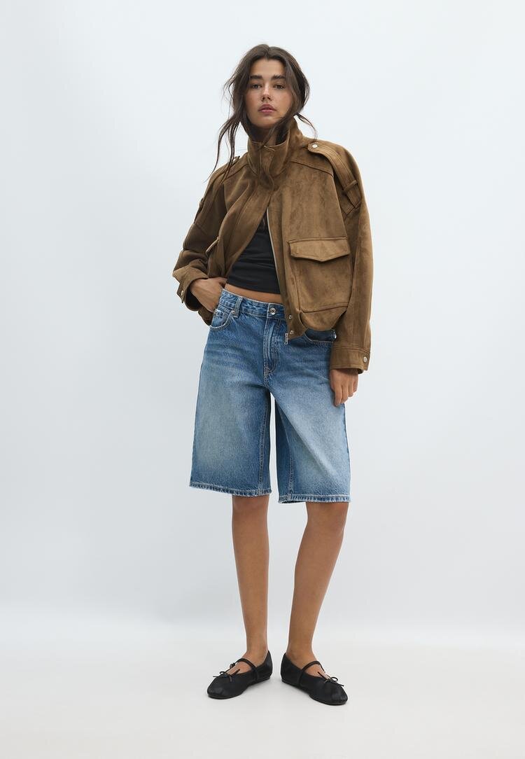 Stradivarius Geacă Oversize Cu Aspect De Imitație De Piele De Căprioară Piatră M