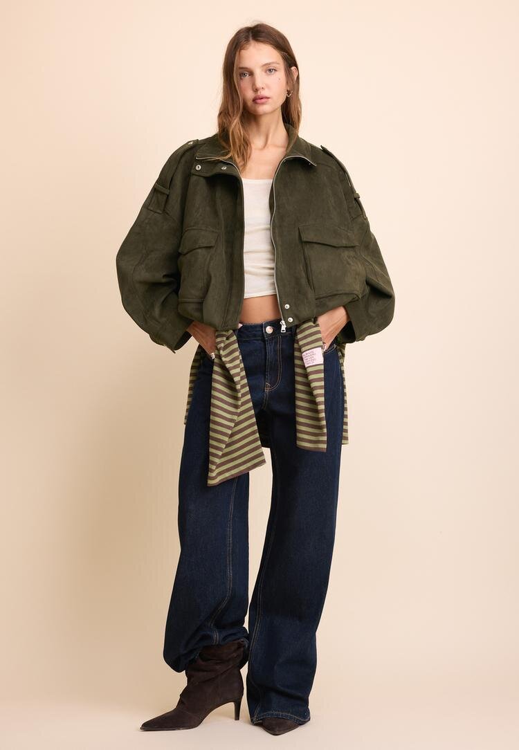 Stradivarius Geacă Oversize Din Imitație De Piele De Căprioară Kaki L
