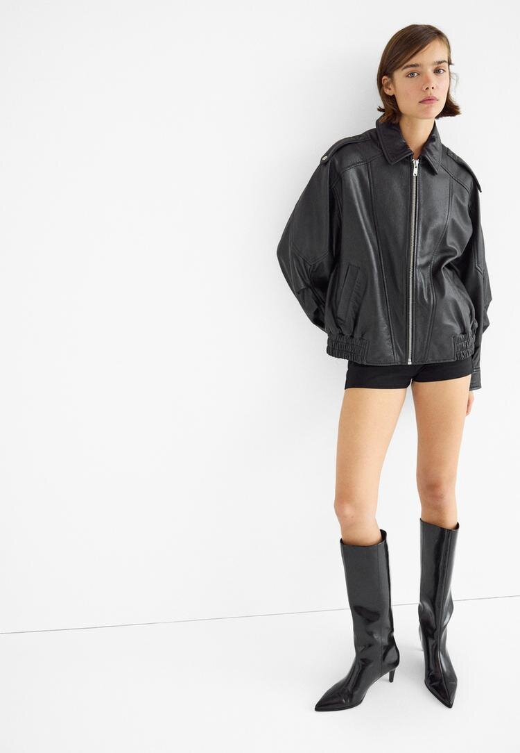Stradivarius Geacă Oversize Din Piele Negru L