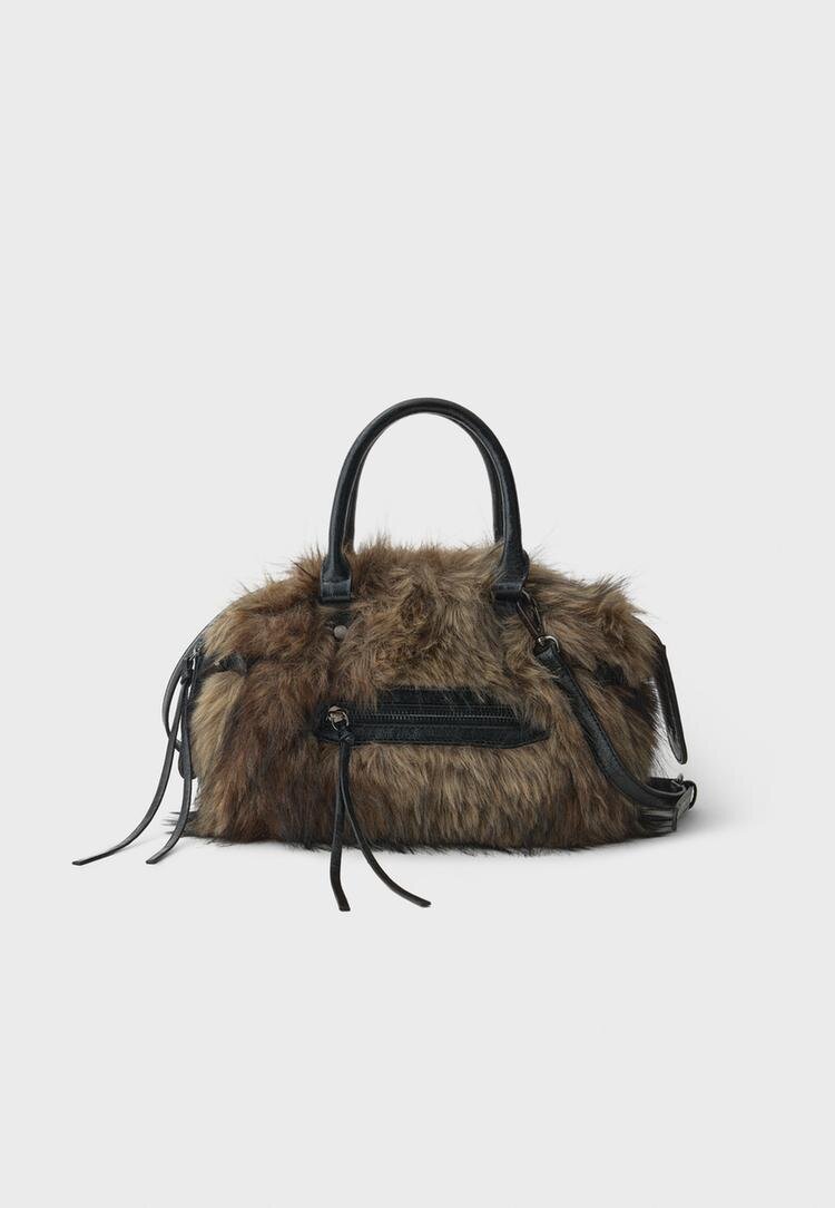Stradivarius Geantă City Crossbody Cu Imitație De Blană Maro Os