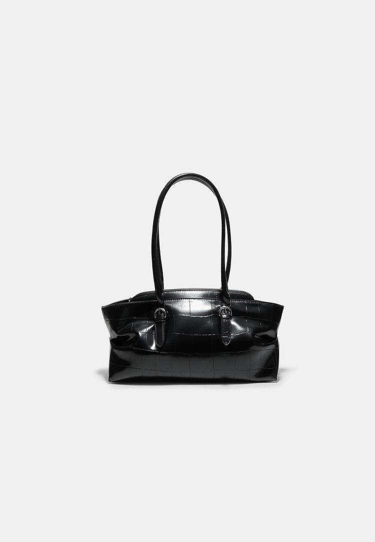 Stradivarius Geantă City Cu Aspect De Crocodil Și Catarame Negru Os