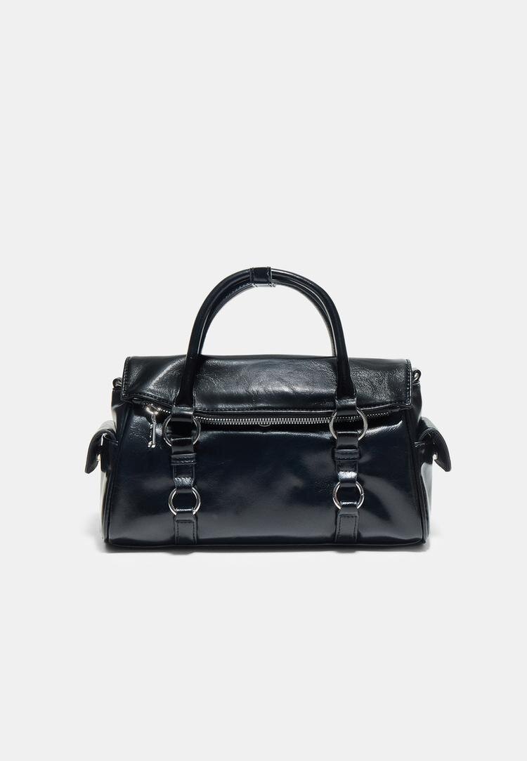 Stradivarius Geantă Crossbody Cu Clapă Și Fermoar Negru Os