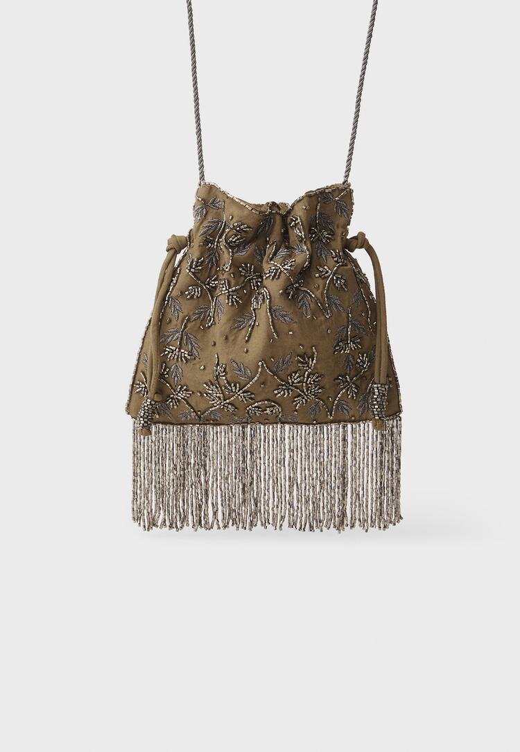 Stradivarius Geantă Crossbody Cu Mărgele Și Franjuri Kaki Os