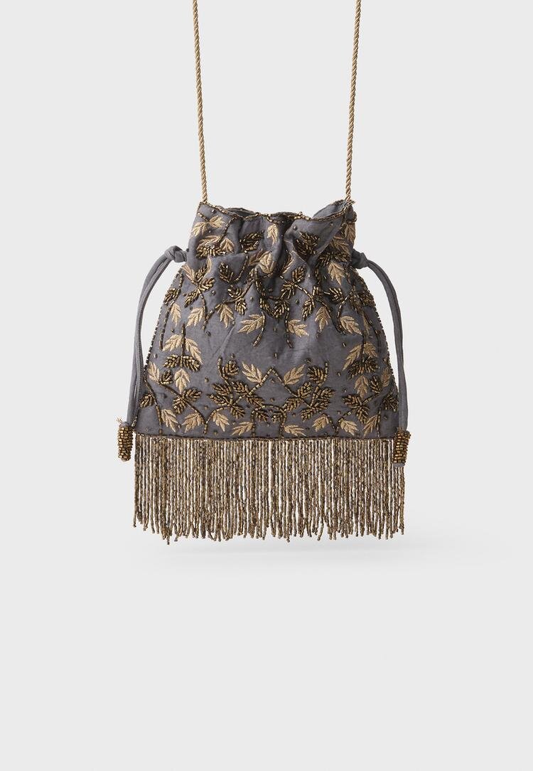 Stradivarius Geantă Crossbody Cu Mărgele Și Franjuri Piatră Os