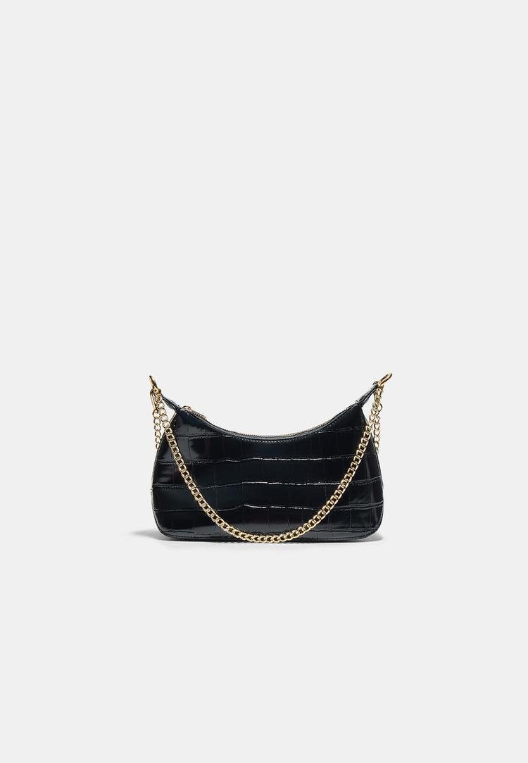 Stradivarius Geantă Crossbody Mini Cu Aspect Piele De Crocodil Negru Os