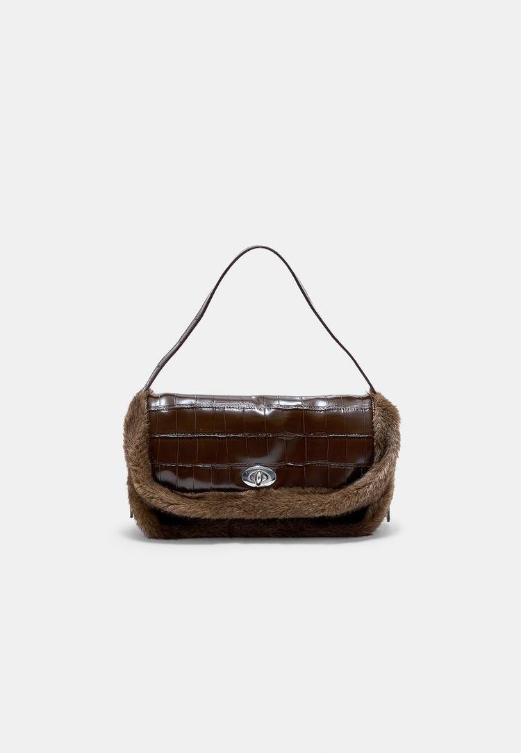 Stradivarius Geantă De Umăr Combinată Cu Presaj Piele De Crocodil Și Imitație De Blană Maro Os