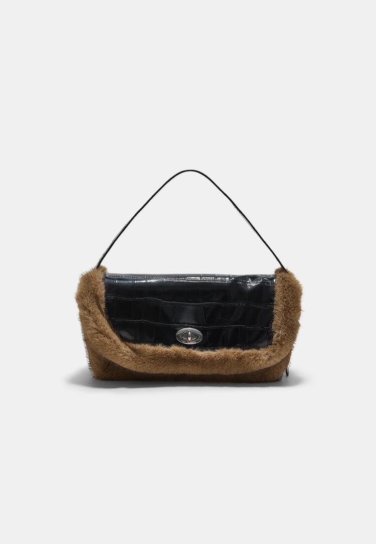 Stradivarius Geantă De Umăr Combinată Cu Presaj Piele De Crocodil Și Imitație De Blană Negru Os
