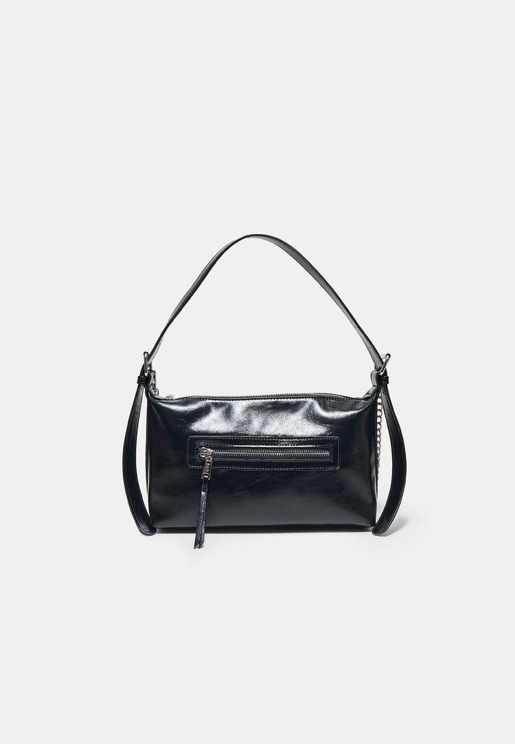 Stradivarius Geantă De Umăr Cu Buzunar Frontal Negru Os