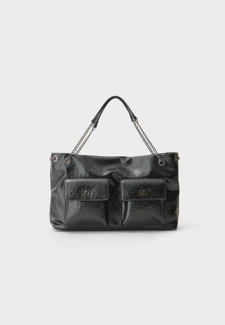 Stradivarius Geantă De Umăr Cu Buzunare Maxi Negru Os