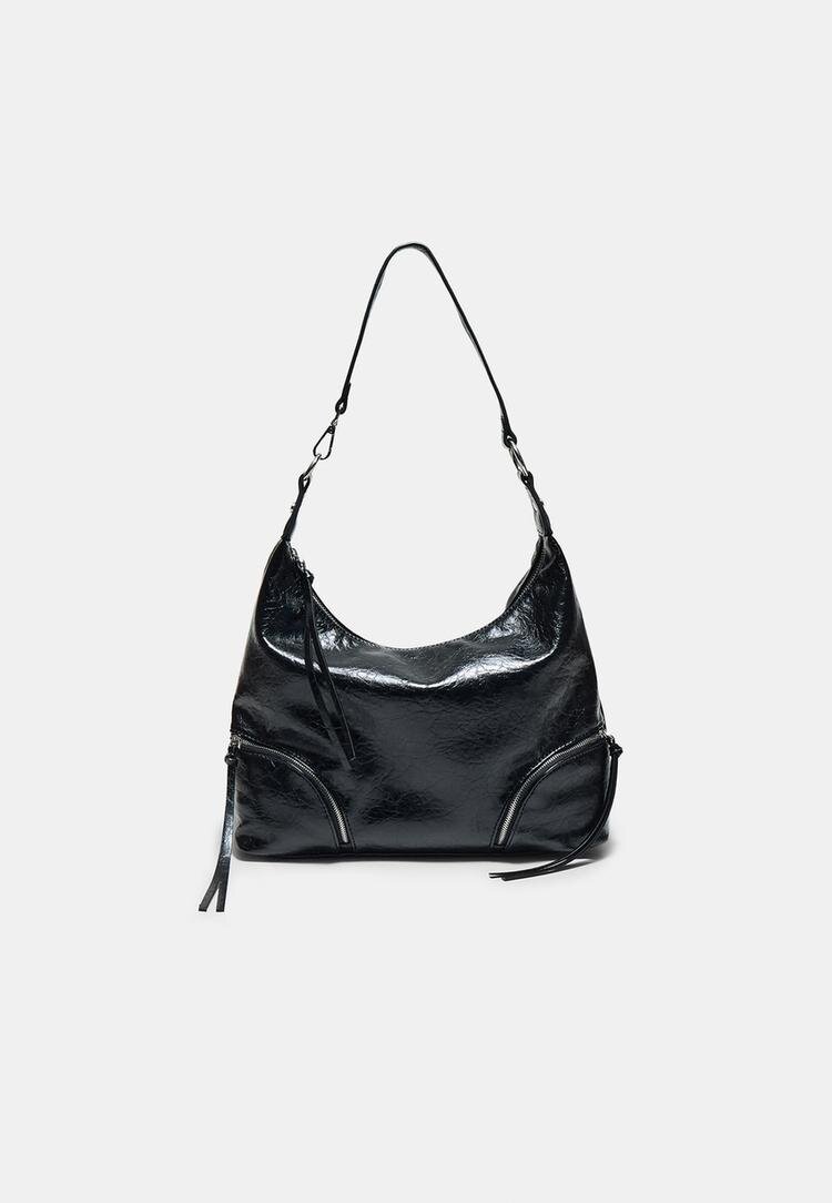 Stradivarius Geantă De Umăr Cu Fermoare Negru Os